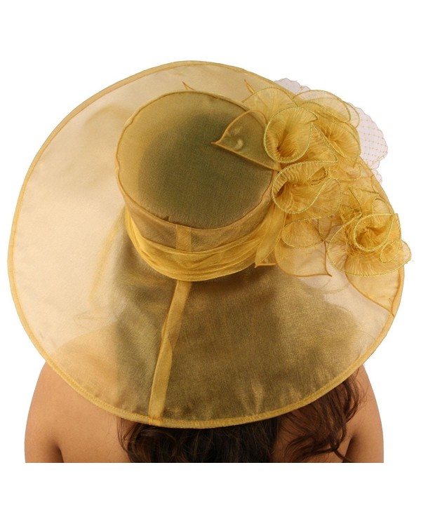 Summer Kentucky Derby Wide 7" Brim Organza Floppy Fishnet Gold Floral ...