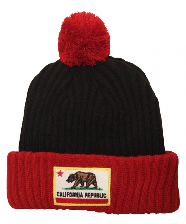 Thick Warm California Life Republic Sewn Patch Pom Long Beanie - Cali Republic Black/Red - CX11FGH2JET