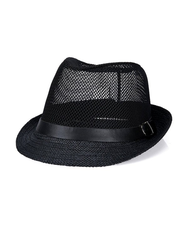 JOOWEN Classic Short Brim Straw with Black Band Fedora Hat Caps - Black - CT12NV7WKT3