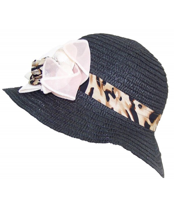 Women's Paper Straw Summer Sun Hat With Animal Print Ribbon Flower (One Size) - Black - CD11KNGM079