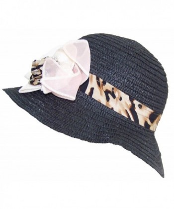 Women's Paper Straw Summer Sun Hat With Animal Print Ribbon Flower (One Size) - Black - CD11KNGM079