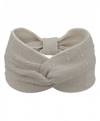 Dahlia Women's Knitted Wide Twist Bow Headband - Faux Pearl Studded - Cream - CH17XMM249Q