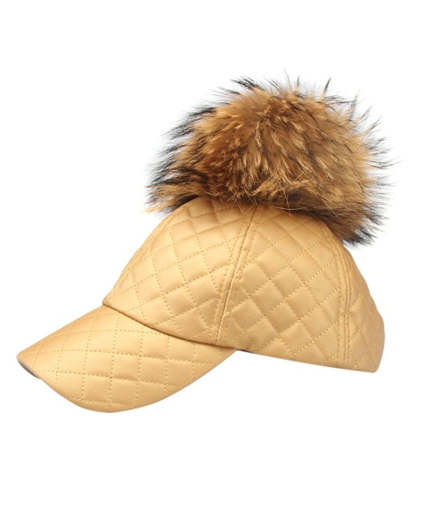 LITHER Women's Real Raccoon Fur Pom Pom Adjustable Baseball Cap Dad Hat - Glod - CH12N1MFT08