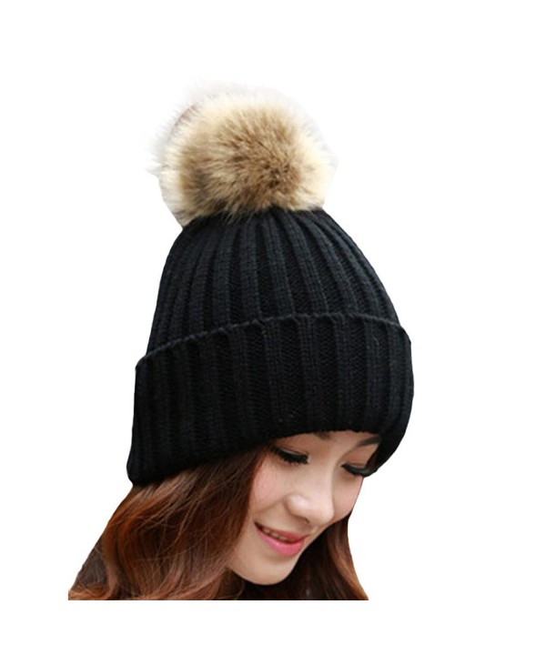 Women Winter Fur Ball Warm Hat Crochet Knitted Wool Cap Black C812NDUK7S0