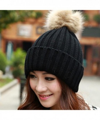 Women Winter Fur Ball Warm Hat Crochet Knitted Wool Cap Black C812NDUK7S0