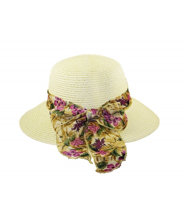 Womens fashion summer hat folding travel beach hat with wide floral bow - Off White - CX12H3MZKPJ