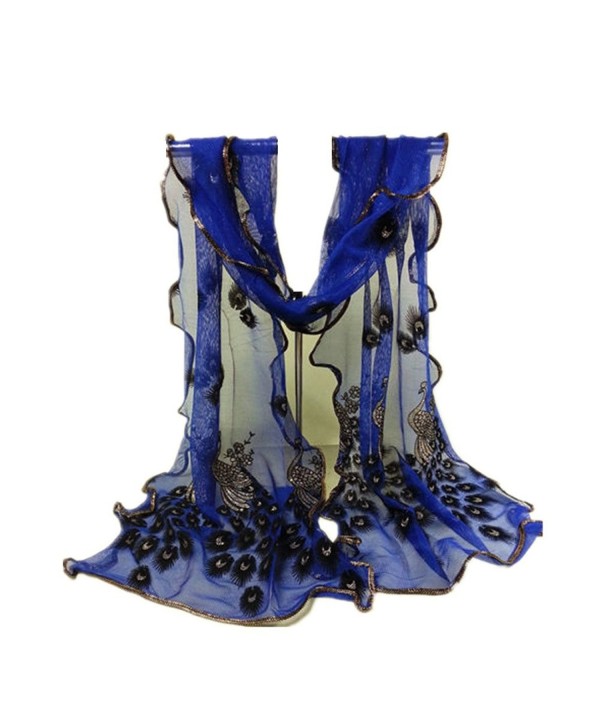 Women Lady Fashionable Silk Long Soft Peacock Scarf Wrap Shawl Stole - Royal Blue - CV1273VXUGV