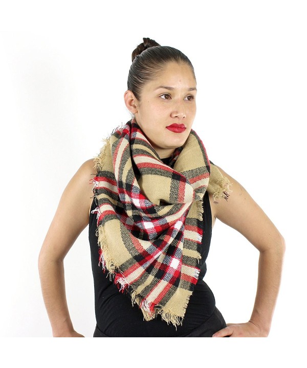 Designer Style Plaid Scarf with Raw Edge - Thick Blanket Khaki - CL129497O7L