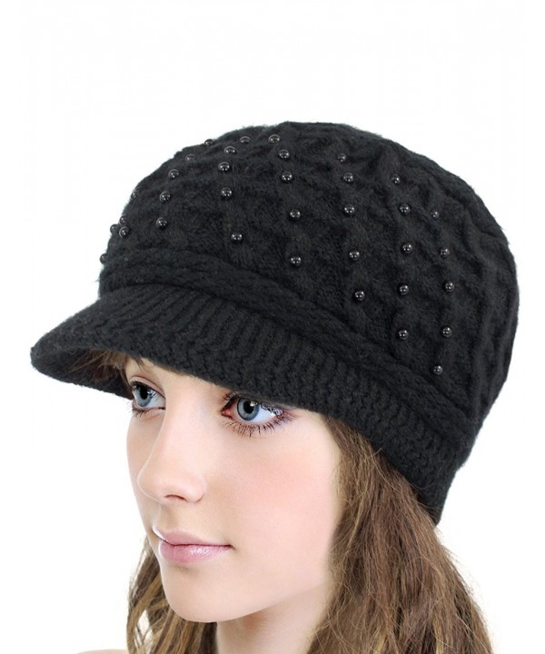 Women's Angora Newsboy Cap Hat Faux Pearl Accent Dual Layer Black ...