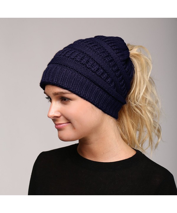 Women's All Season Daily Adjusted Ponytail Messy Bun Beanie Hat. Navy ...
