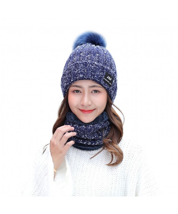 IRELIA Womens/Mens Faux Fur Warm Knitted Pom Fleece Lined Caps Beanie Scarf Set - 2 in 1(navy) - CB187E8MIZZ