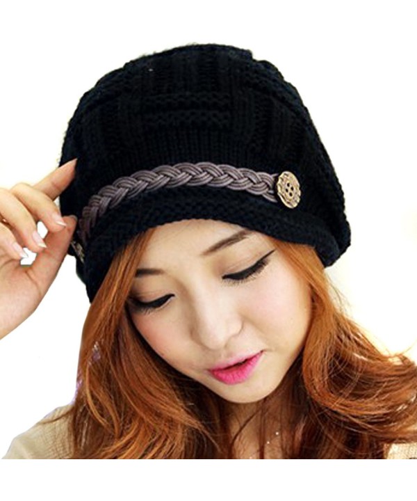 Women Cabled Checker Pattern Knit Beanie Hat Cap Black C011IFCM3JD